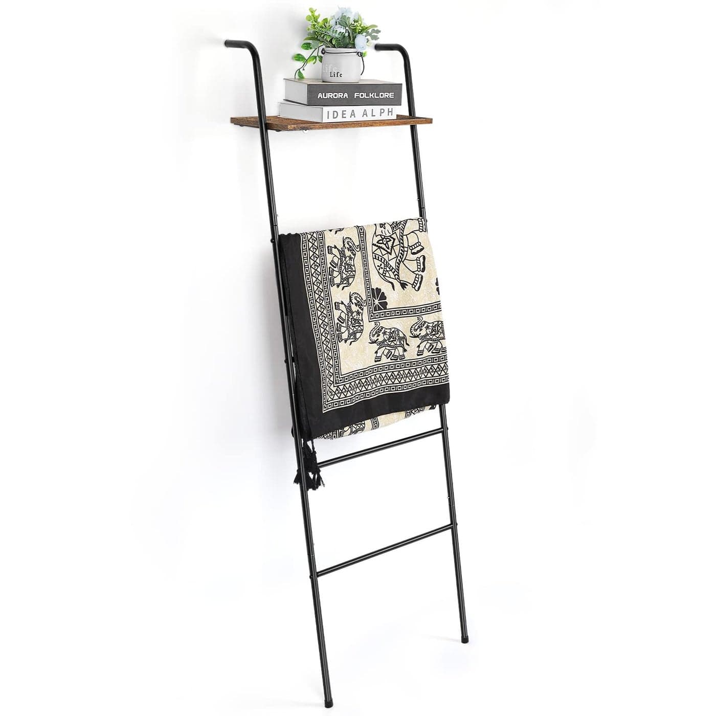 Vrisa Blanket Ladder Wall Leaning Blanket Rack Farmhouse 5Tier Metal Blanket Holder with Shelf Bath Towel Storage for Bathroom Quilt Bedroom Living Room Pool Black