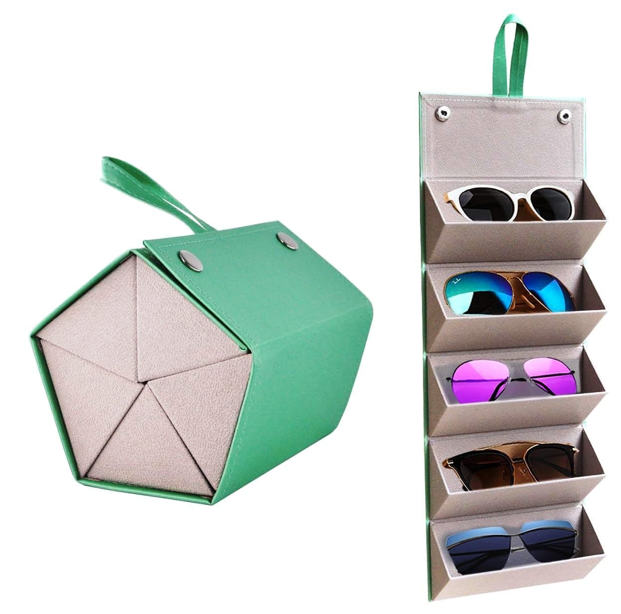 Storescent Sunglasses Organizer with 5 Slots, Travel Glasses Case Storage Portable Sunglasses Storage Case Bag Foldable Eyeglasses Holder Box, Eyewear Display Containers for Men & Women (Black)