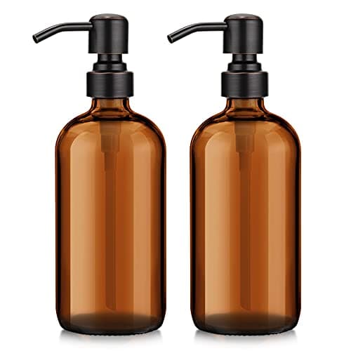 AmazerBath Amber Glass Soap Dispenser 2 Pack Thick Soap Dispensers Bottle with Bronze Stainless Steel Pumps 17 Oz Bathroom Hand Soap Dispensers for Liquid Dish Soap Dispenser for Kitchen