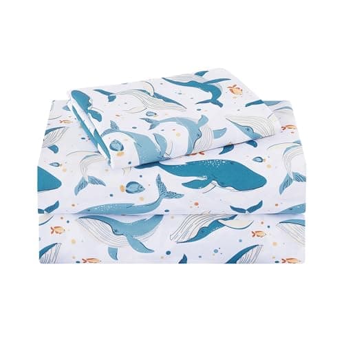 lasoftan Kids Sheet Set Twin Size, Twin Sheet Set with Marine Whales Pattern,Breathable Silky Soft Microfiber Kids Fitted Sheet