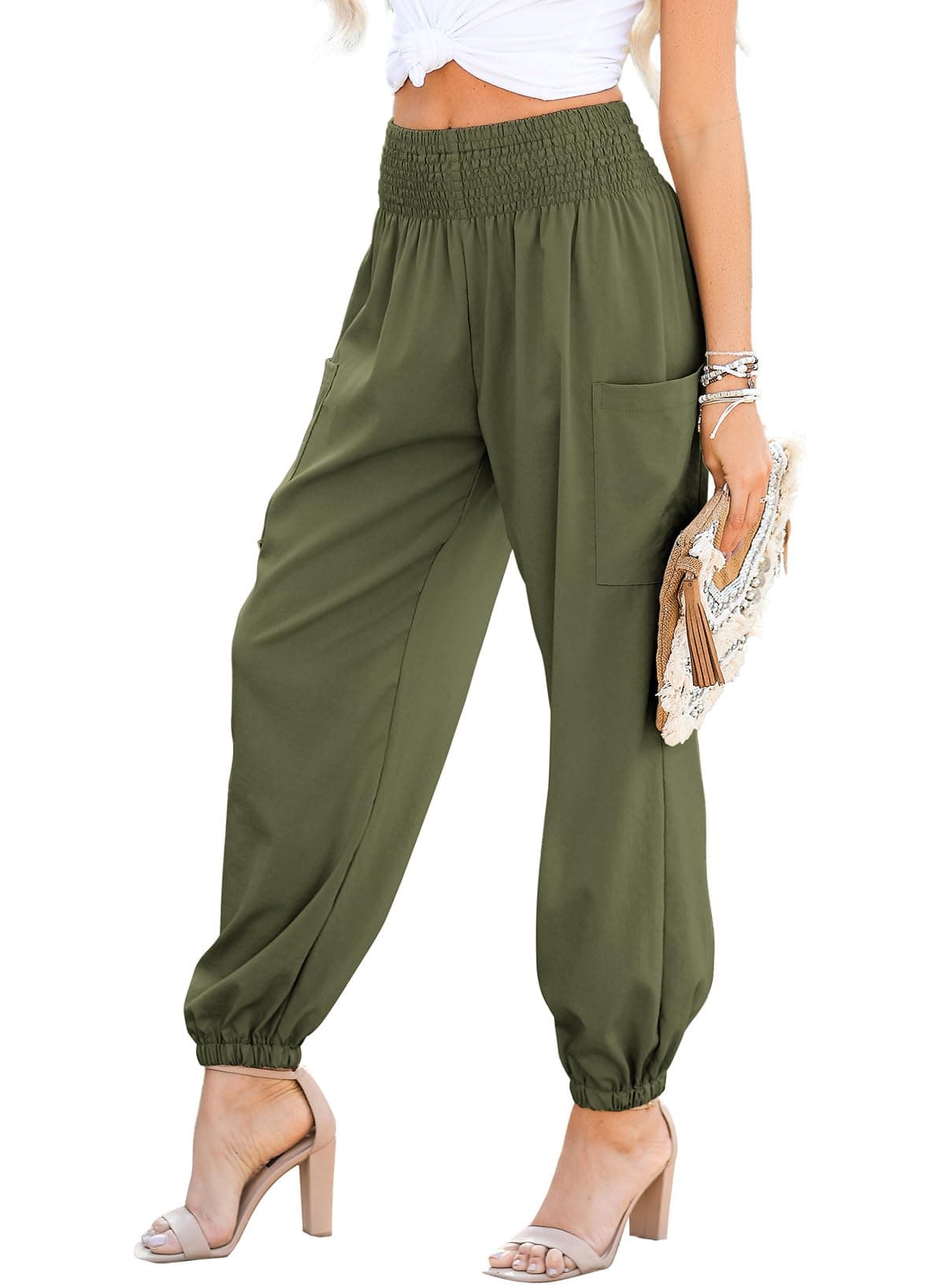 Dokotoo Women's Fall Boho Pants Long High Waisted Business 2025 Fashion Fall Casual Trousers Baggy Parachute Leggings Outfits with Pockets,Jungle Green Medium