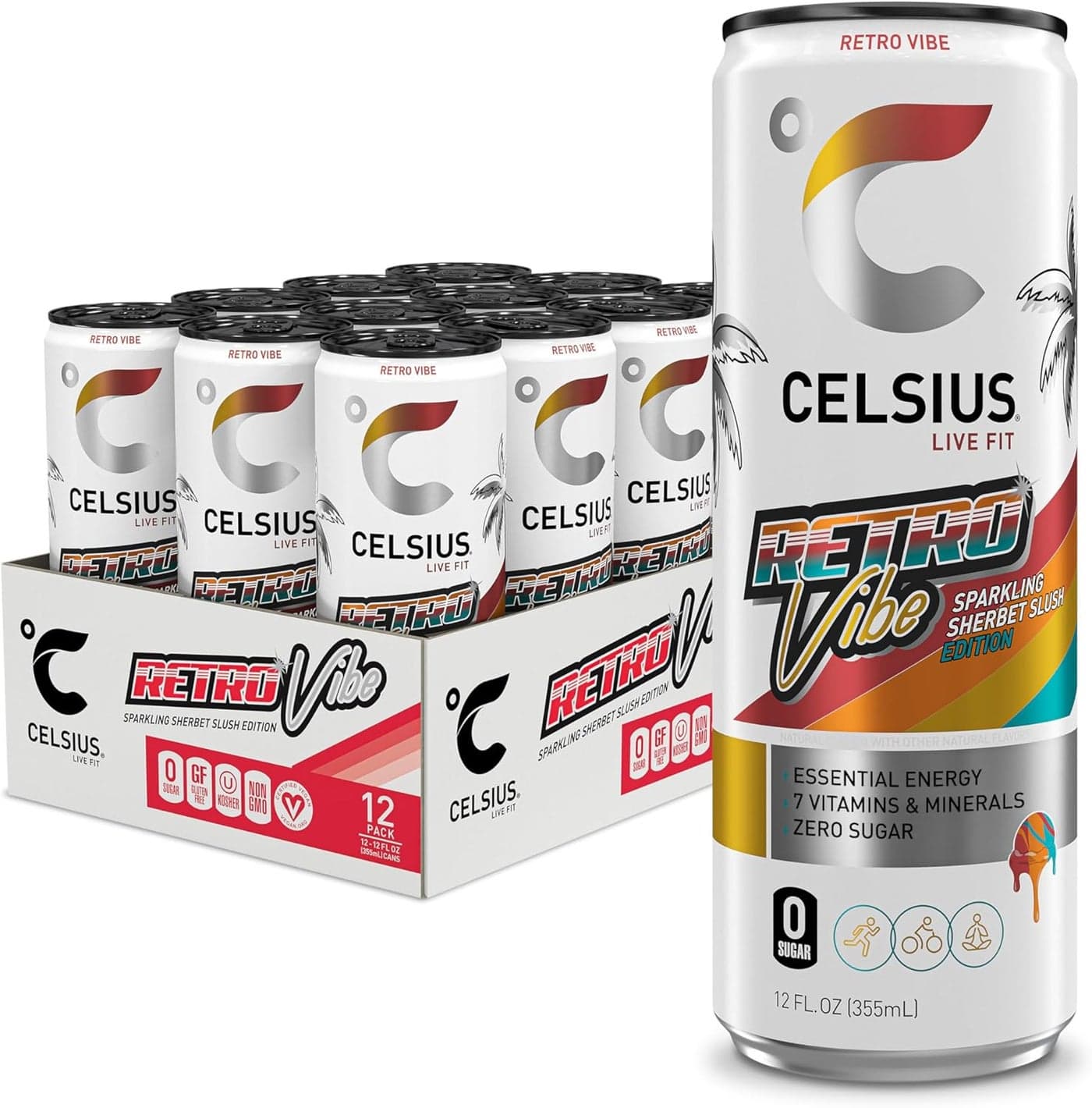 CELSIUS Sparkling Retro Vibe Energy Drink - 12 Fl Oz (Pack of 12) - Zero Sugar, Vegan, with 7 Essential Vitamins