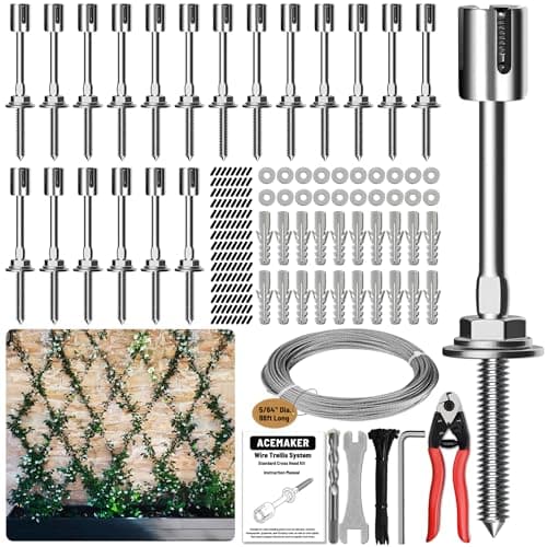 Acemaker Wire Trellis for Climbing Plants Outdoor, 20-Set Wall Wire Trellis Kit with 5/64"(2mm) x 98ft Stainless Steel Cable & Cutter, T316 Espalier System for Fence and Garden DIY Projects