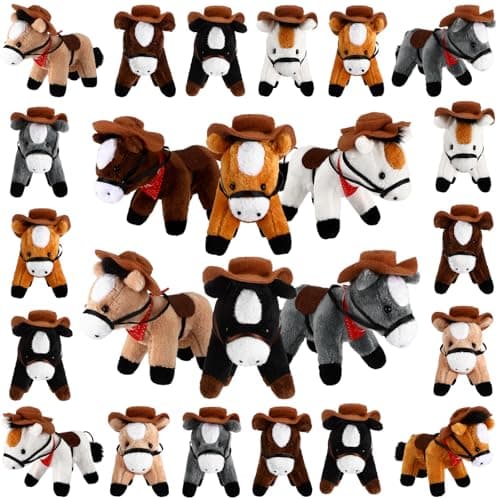 Vertintong 24 Pack Valentines Classroom Gifts Bulk Small Horse Stuffed Animal Plush Keychain Bulk 4 Inch Mini Standing Horse Plushie with Cowboy Hat Bandana for Kids Adopt Party FavorBright Style