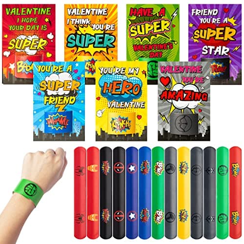 BOpusail 28 Packs Valentines Day Gift for Kids Valentines Day Super Power Slap Bracelets with Cards Toddler School Classroom Prize Exchange Gifts Party Favor Toy Set Superhero Decorations
