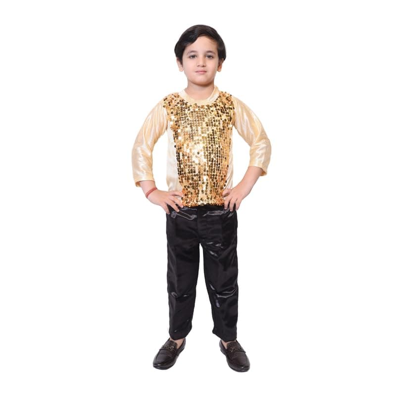 Kaku Fancy Dresses Golden Lycra T-Shirt for Kids, Dance Costume for Boy & Girls - Golden, 5-6 Years