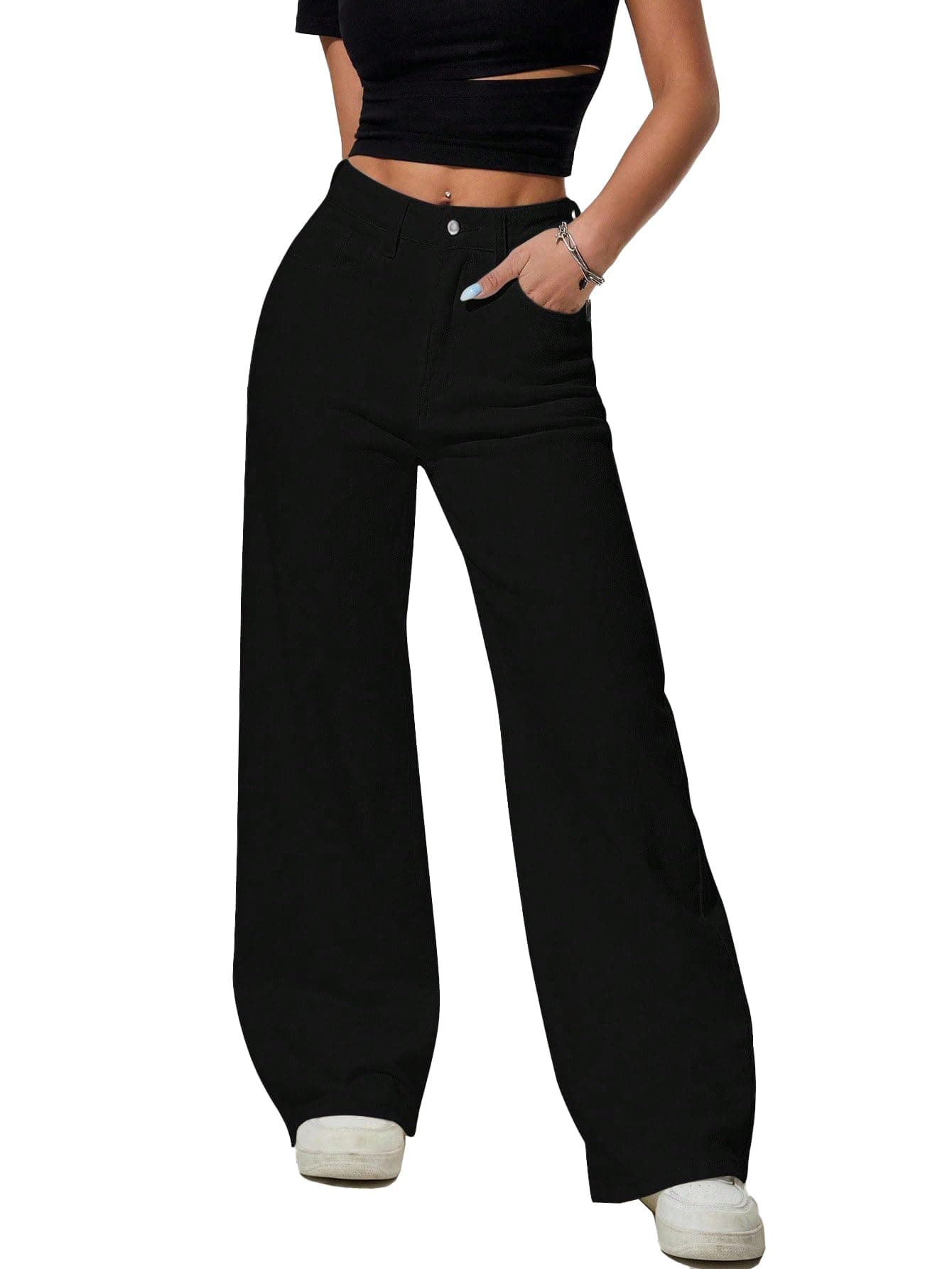 TOPLOT Women's Jeans | High Rise Waist Design | Baggy Fit Style with Relaxed Silhouette | Comfortable Wear | Easy Styling for Everyday Fashion | Casual, Streetwear (5204_30_Black)