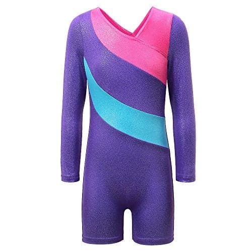 BAOHULU Toddlers Girls Gymnastics Dance Leotards-One-piece Sparkle Stripes & Stiching Athletic Clothes Purplelongsleeve 140(8-9Y)