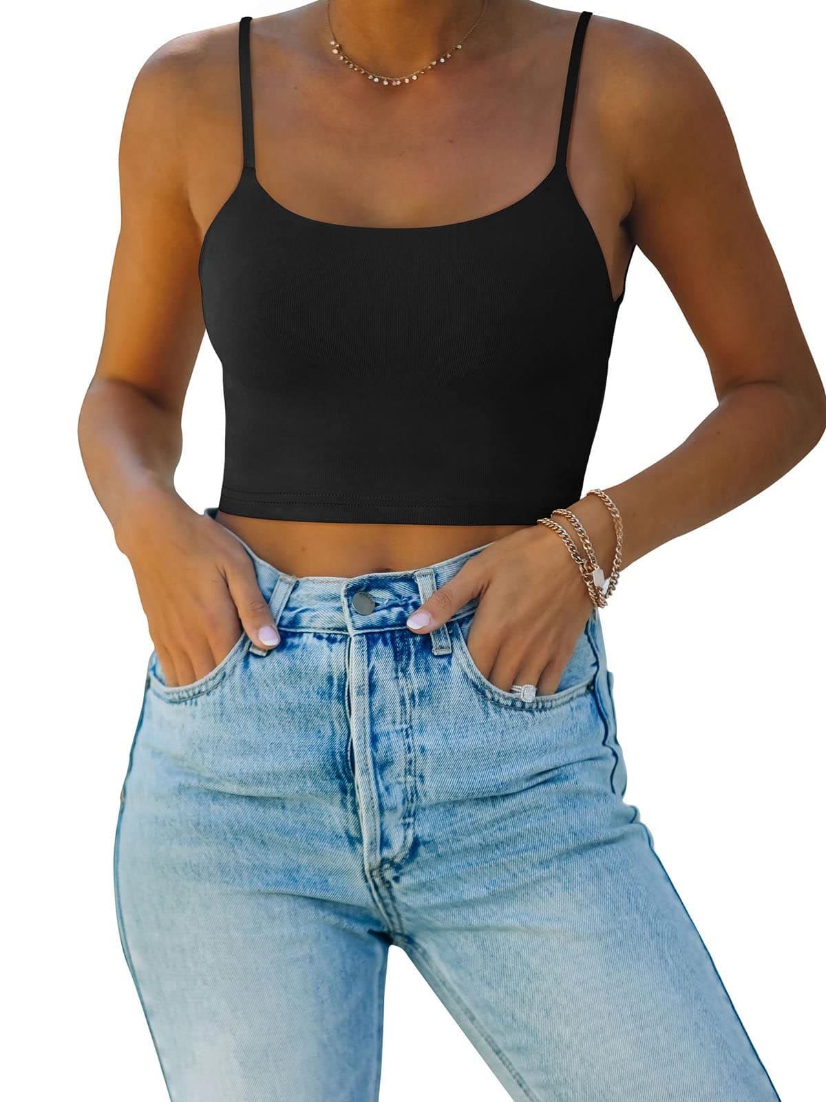 REORIA Women's Summer Sexy Sleeveless Adjustable Spaghetti Strap Cami Camisole Basic Fitted Seamless Yoga Cropped Tank Cute Crop Tops Black Medium