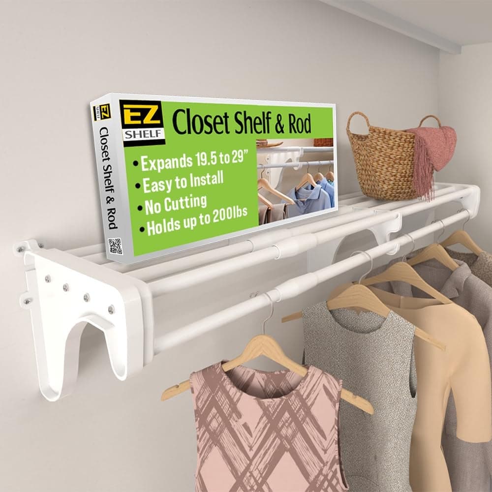EZ SHELF Closet Shelf with Hanging Rod 195 to 29 Expandable White Closet Shelves Strong Holds 200 lbs Easy Install Backwall floating with 2 End Brackets Alternative to Wire Shelving