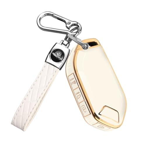 QBUC for Kia Key fob Cover,Soft TPU 360°Car Key Case Protector with Leather Keychain Compatible with Kia Telluride 2023/2024 5 Buttons Smart Key (White)