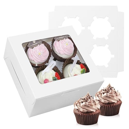 MonYouGe 30-Set Cupcake Boxes Bulk with Clear Display Window Hold 4 Standard Cupcakes, Disposable Food Grade White Cupcake Carrier Cupcake Container, Perfect for Cupcakes Muffins Cookies Pastries