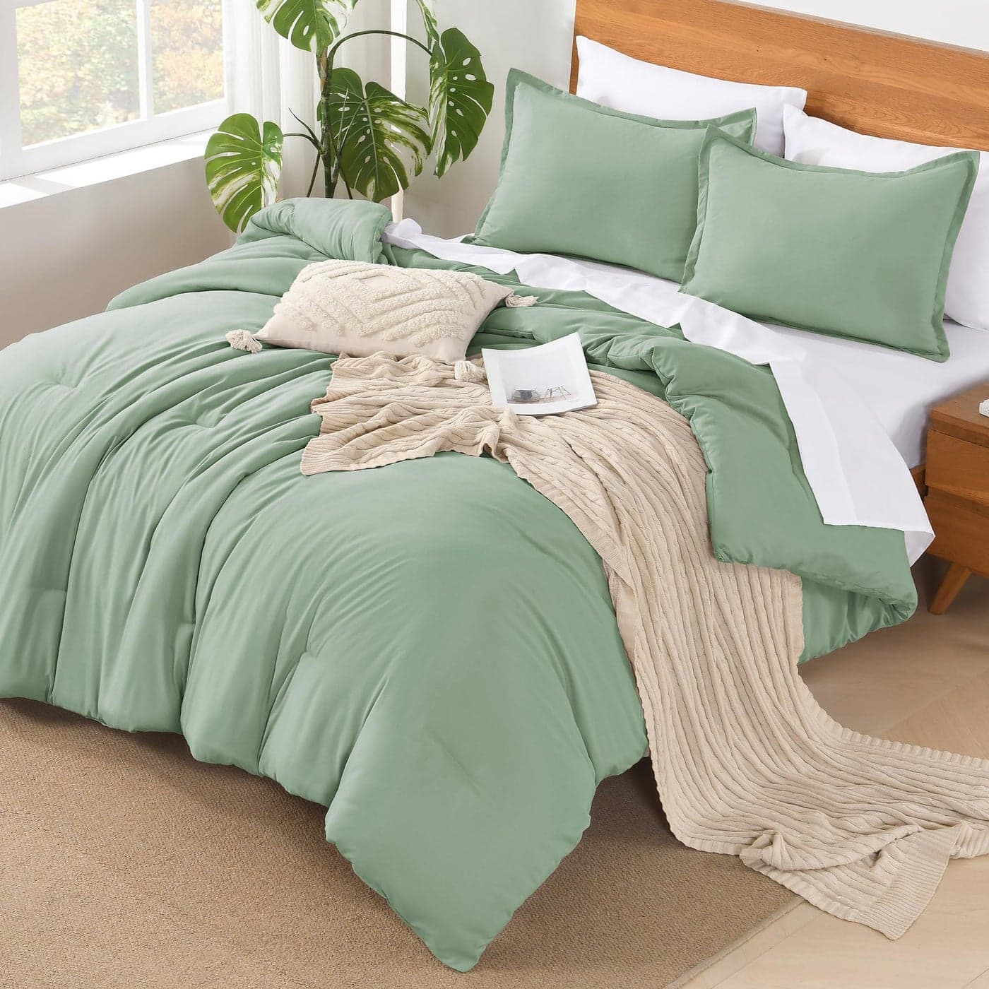 Andency Sage Green King Size Comforter Set 7 Pieces Bed in a Bag King Bedding Comforter Sets Summer Solid Soft Lightweight Comforter with Fitted Sheets Flat Sheets Pillowcases Shams
