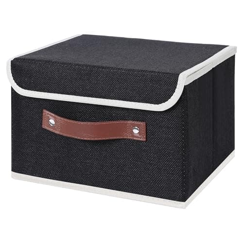 ANMINY Storage Bin with Lid Storage Boxes with PU Leather Handles PP Plastic Board Decorative Foldable Lidded Cotton Linen Fabric Home Cubes Baskets Closet Organizer Container Black Small Size