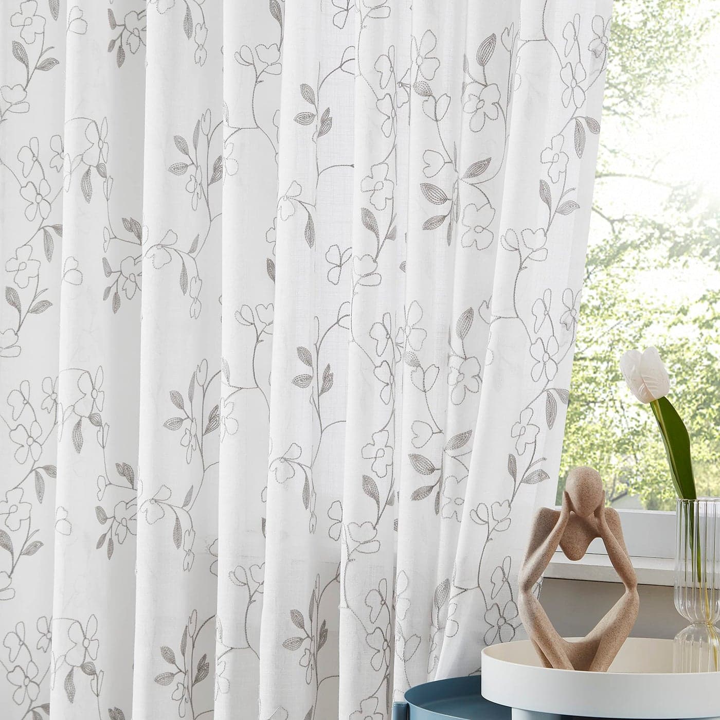 Vision Home Grey Floral Sheer White Curtains Panels 84 inch Embroidery Leaf Patterned Farmhouse Light Filtering Window Sheer Drapes for Living Room Bedroom White and Gray Rod Pocket Drapes 52Wx84Lx2