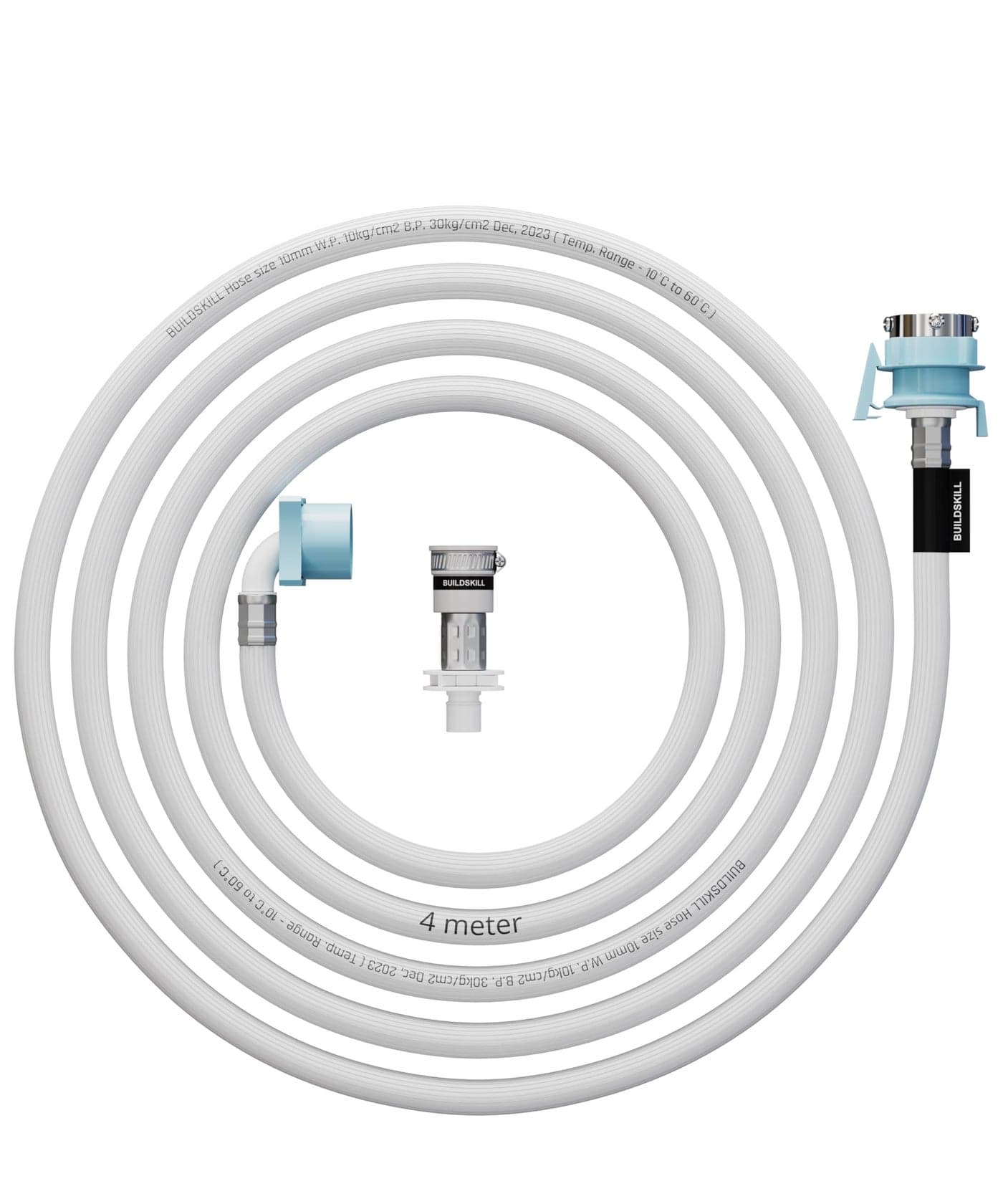 BUILDSKILL 4 Meter Fully Automatic washing machine inlet pipe | universal & normal tap adaptor connector | Burst proof | anti kink | Hot & Cold water washing machine pipe inlet | pressure resistant