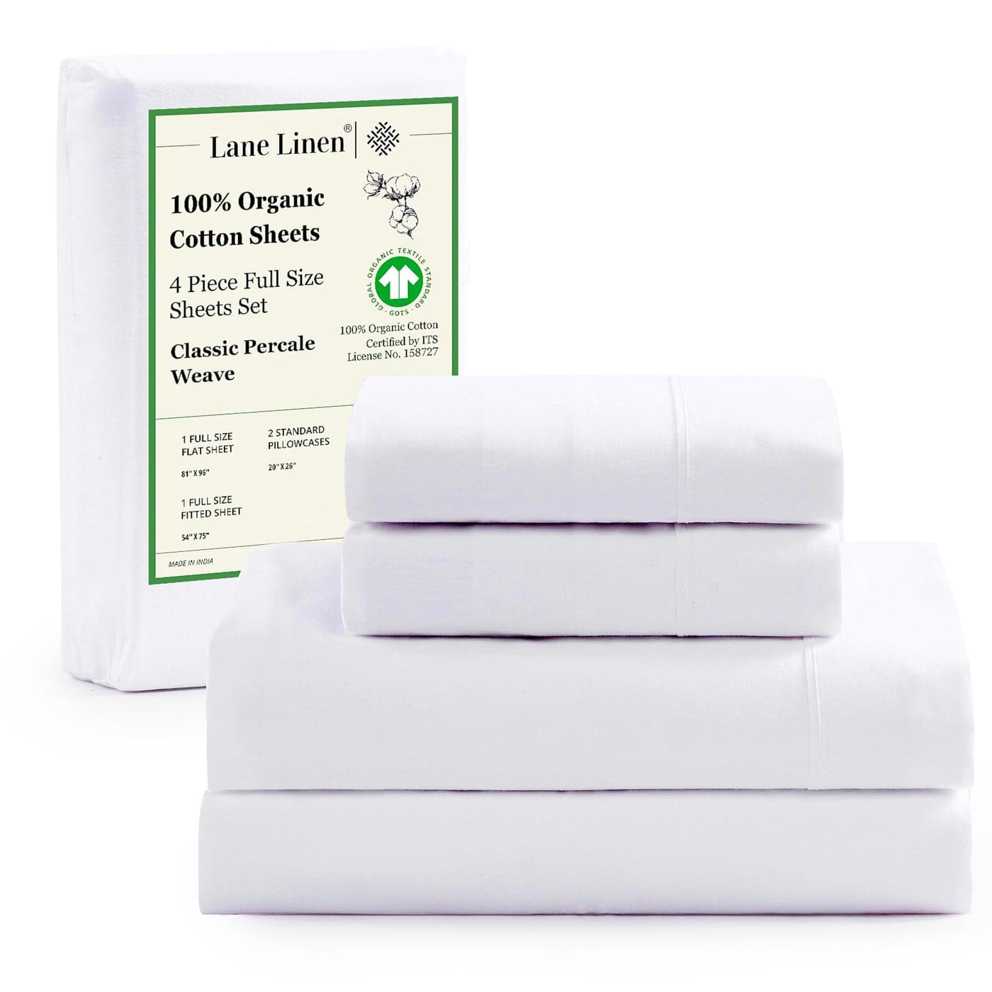 LANE LINEN 100 Organic Mercerized Cotton Pre Washed Full Size Bed Sheets Soft Comfy Low Pill Fade Resistance Fully Elasticized Oeko Tex Certified 15 Deep Pocket Full Sheet Set White