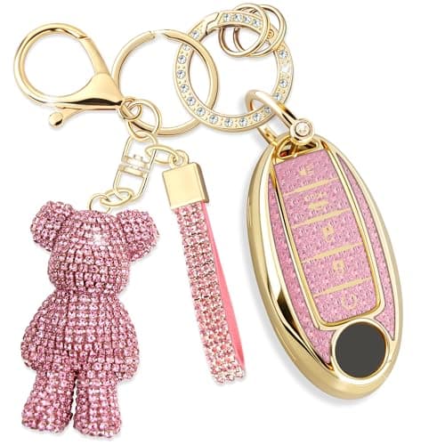 Rayslesan Cute Key Fob Cover with Rhinestone Bear Charm Bling TPU Smart Key Case for Women Compatible with Nissan Altima Armada Maxima Murano Pathfinder Rogue Sedan Sentra 5Button Gold Pink