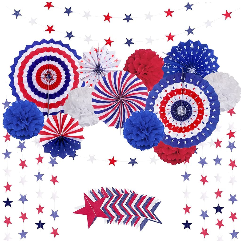 MOVINPE 4th of July Patriotic Party Decorations Set American Flag Hanging Paper Fans Paper Flower Balls Pom Poms 4Pcs Star Streamers Banner Garland Independence Day Party Supplies
