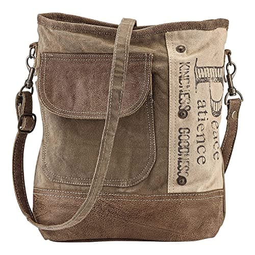 Upcycled Canvas Shoulder Bag, Earth Friendly Tote, Inspirational Words, No Two Alike, Adjustable Strap, Fully Lined, Zip Closure,12” x 12 ¾”