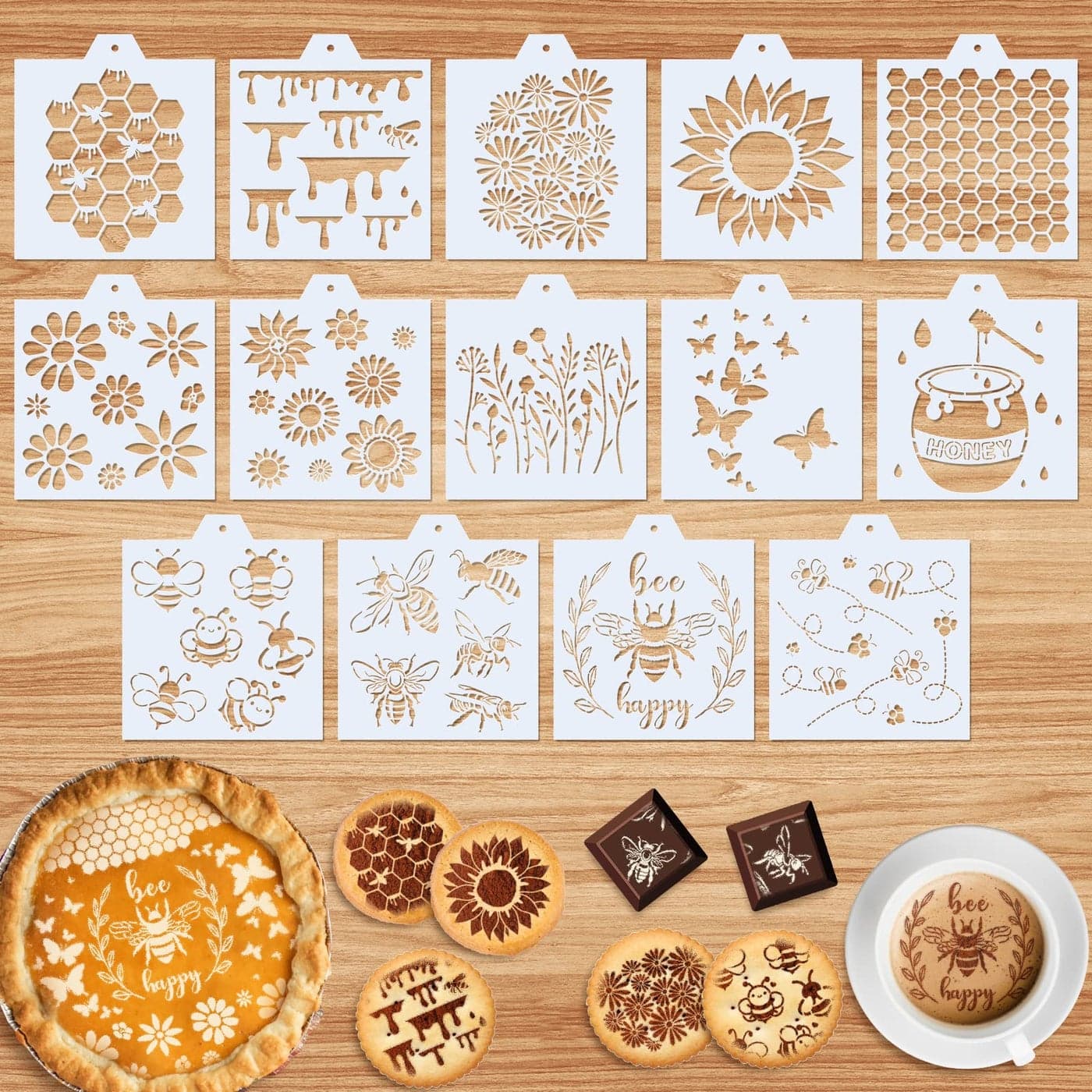 Whaline 14Pcs Summer Bee Cookie Stencils Honey Bee Sunflowers Airbrush Painting Stencils Honeycomb Butterfly Pattern Biscuit Cake Baking Templates for Summer World Bee Day Party DIY Craft 67 x 59