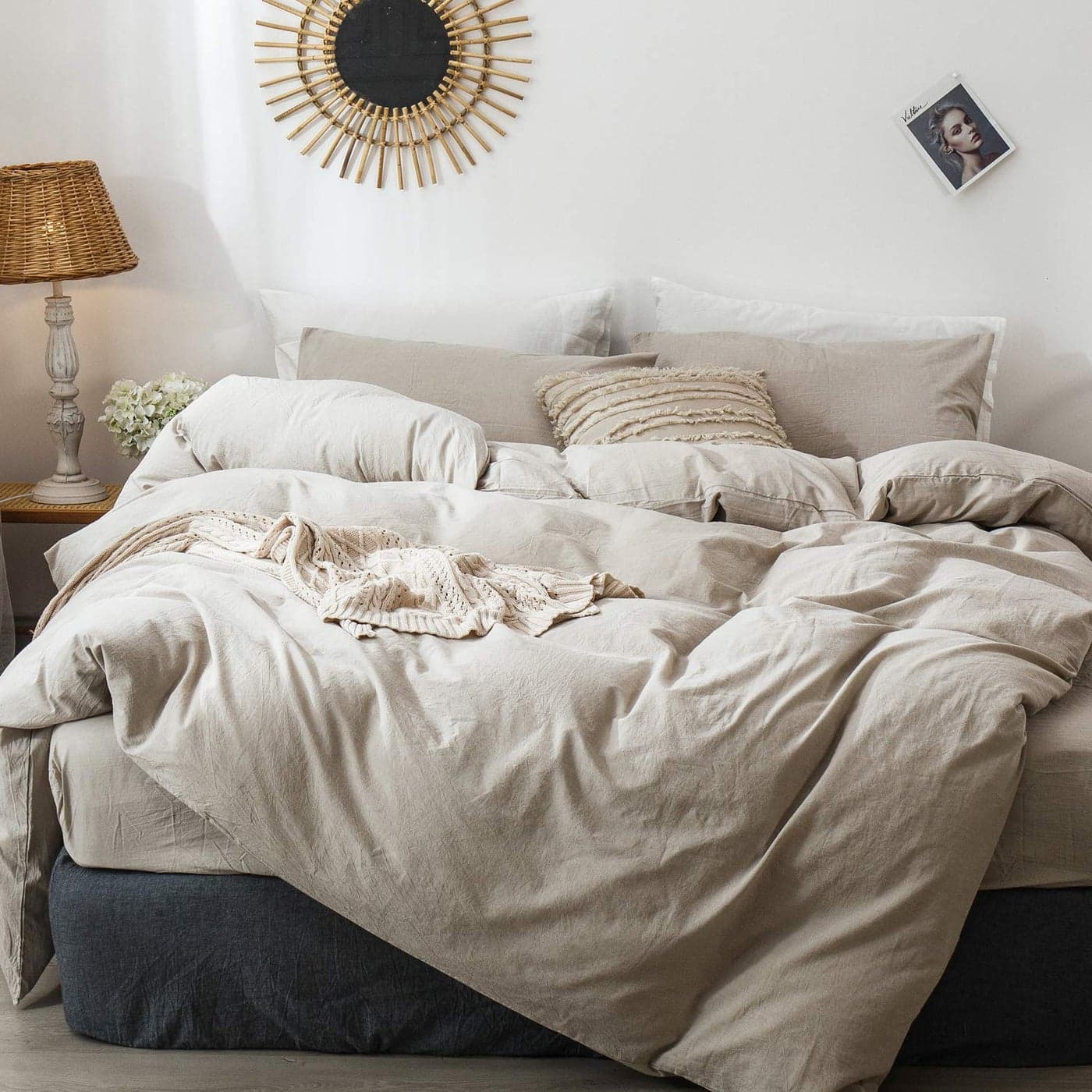 MooMee Bedding Duvet Cover Set 100 Washed Cotton Linen Like Textured Breathable Durable Soft Comfy Heathered Tannish Linen Grey Oversized Queen 98x98