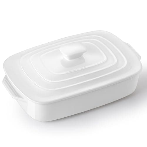Large Ceramic Casserole Dish with Lid, 4.0 Quart Covered Rectangular Stoneware Baking Dishes for Oven, Deep 9x13 Inch Lasagna Pans for Baking and Serving, Perfect for Christmas Gifts, White