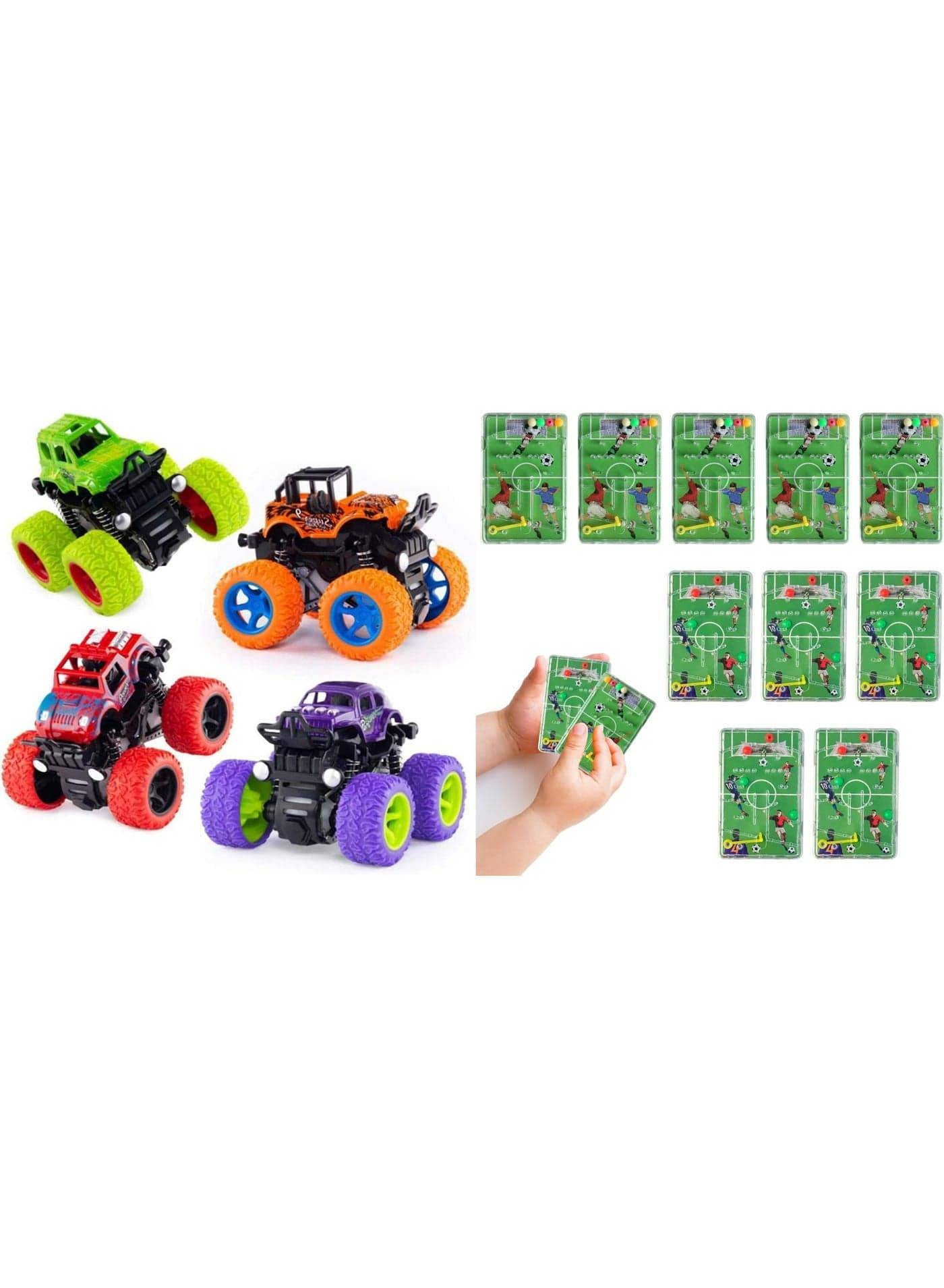 14 pcs bundle set of 10 pcs mini football pinball game and 4 pcs monster trucks ideal for party favors return gifts birthday party boys
