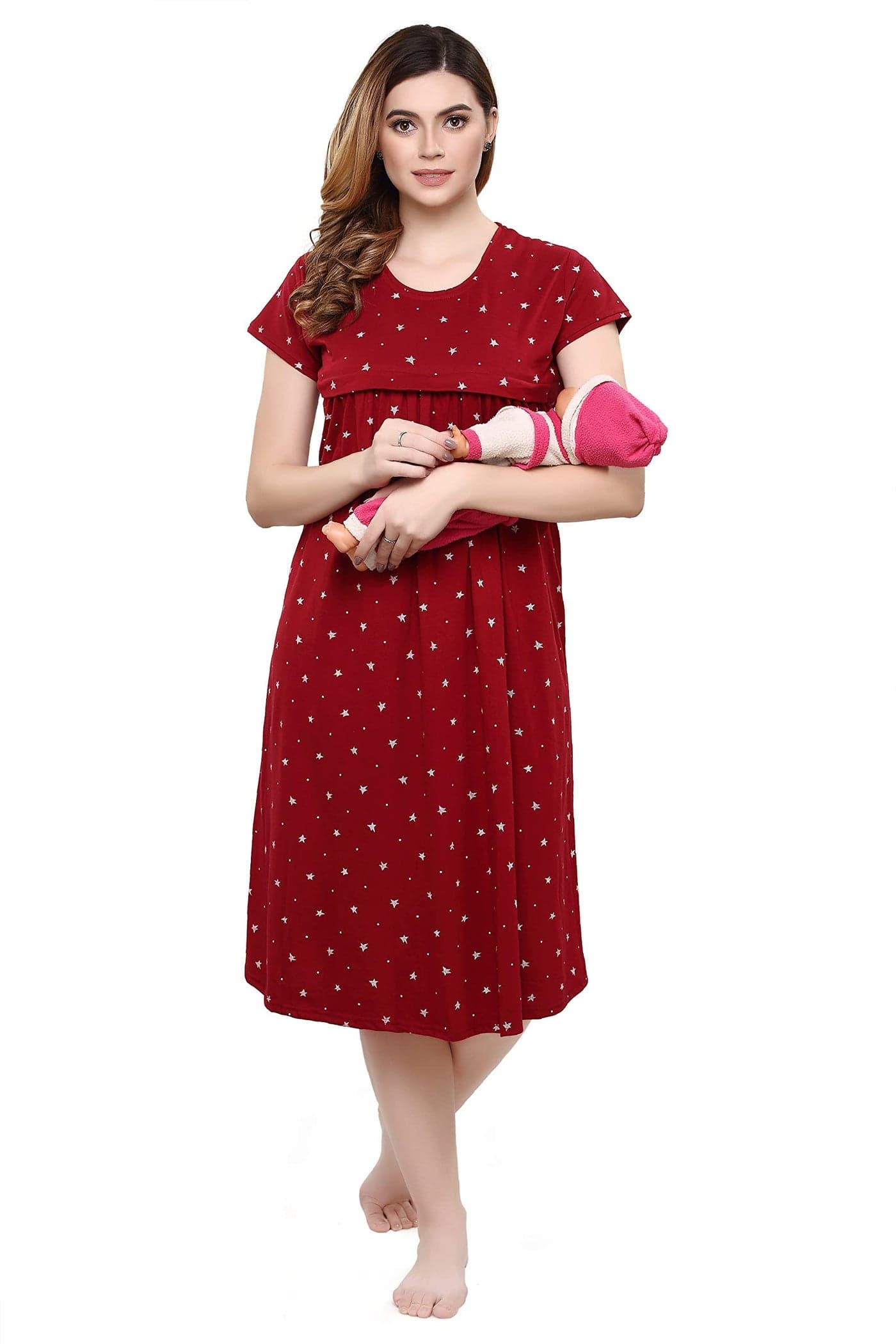 TIGYWIGY Women's Cotton Printed Knee Length Maternity/Feeding/Nursing Nighty (Medium, Maroon)