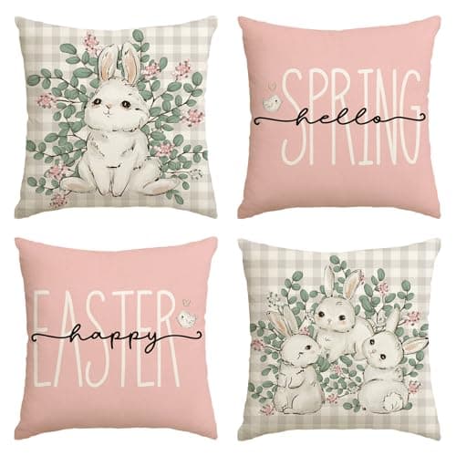 AVOIN colorlife Happy Easter Buffalo Plaid Rabbit Pink Throw Pillow Cover 18 x 18 Inch Eucalyptus Leaves Hello Spring Cushion Case Decoration for Sofa Couch Set of 4