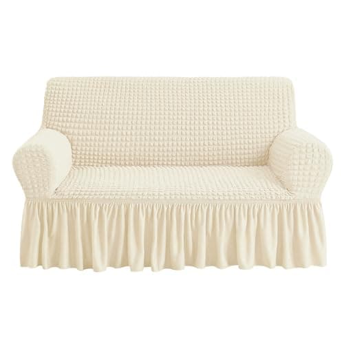 NICEEC Loveseat Slipcover Beige Loveseat Cover 1 Piece Easy Fitted Sofa Couch Cover Universal High Stretch Durable Furniture Protector Love Seat with Skirt Country Style (2 Seater Beige)