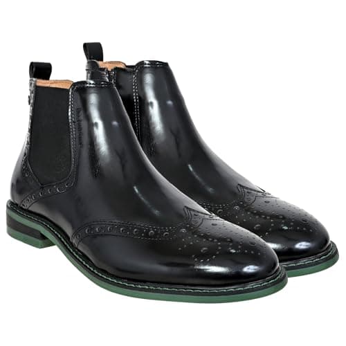 Hx London Black Brush-Off Leather Men Brogues Mid Top Blocked Heel Regular Boots