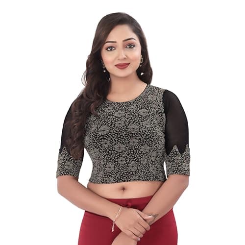 DESI GIRL - Round Neck Jacquard Regular Fit Saree Blouse for Women | Half Sleeve Readymade Stretchy Embroidered Design Festive Blouse Perfect for Saree, Lehenga, Kurti | Black - 36