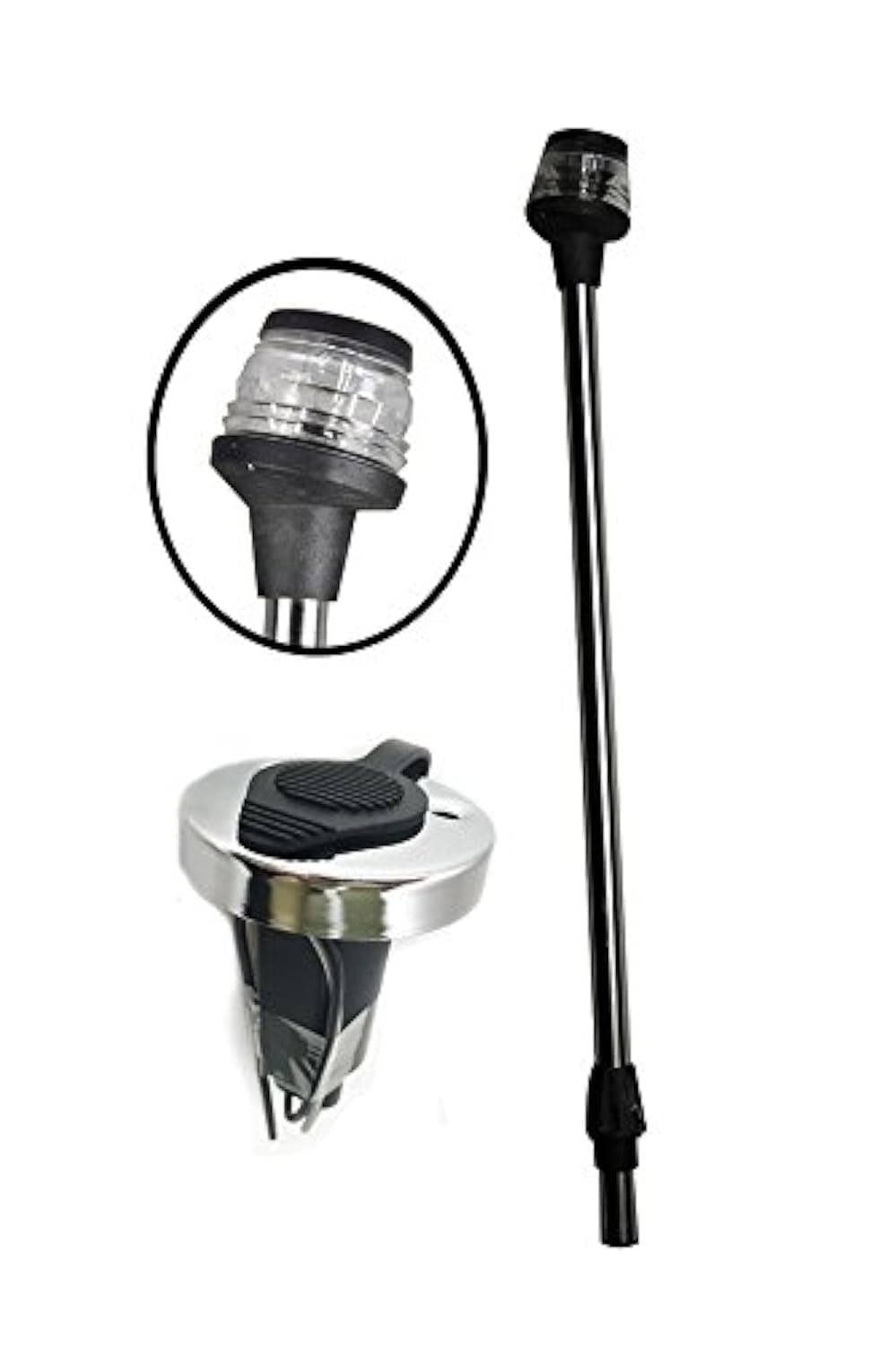 Pactrade Marine S.S 24" All-Round 360 degree Stern Navigation Anchor light Pole Light w/Collar with 2-Prong Base Socket Standard pole for Pontoon, Fishing, Boat, Kayak