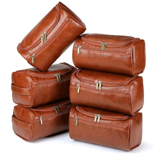 Aliceset 6 Pcs Groomsmen Gift Groomsmen Toiletry Bags Set of 6 Leather Toiletry Bag for Men with Hook Leather Wedding Proposal Bag with Side Handle Father GiftBrown
