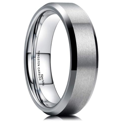 King Will 6mm Men's Silver Wedding Ring - Brushed Matte Surface, Beveled Polished Edge, Comfort Fit Size7.5