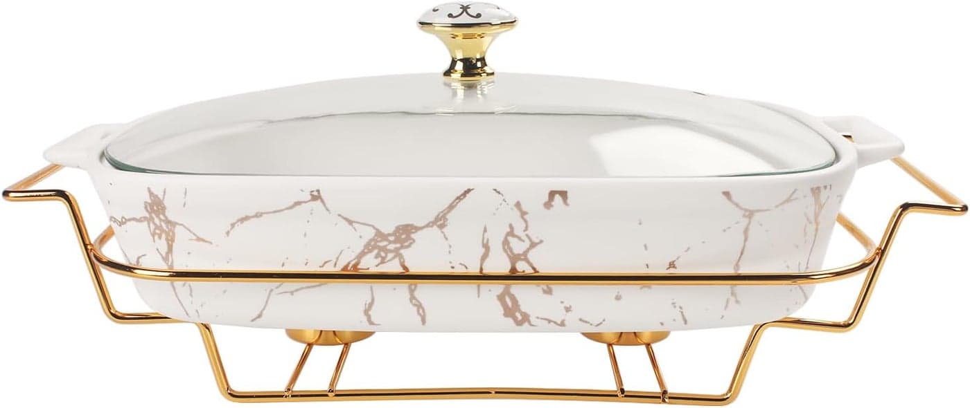 Ceramic Casserole Dish with Glass Lid and rack 30 oz Serving Soup TureenChafing Dish for Buffet Family Food preserve Tray Catering Casserole for Party StyleWhite 116 Inch
