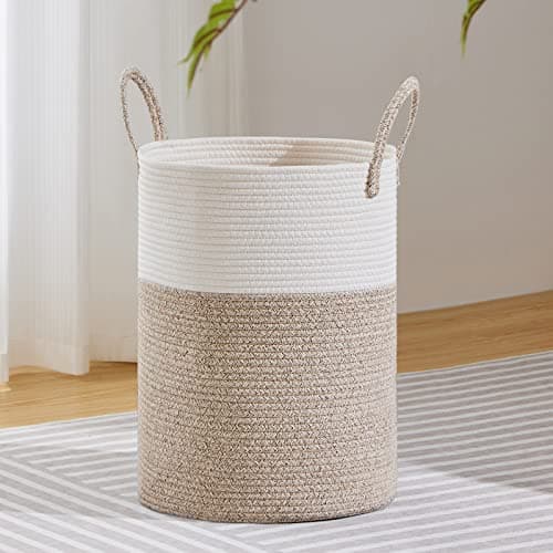 VIPOSCO Large Laundry Hamper Tall Woven Rope Storage Basket for Blanket Toys Dirty Clothes in Living Room Bathroom Bedroom 58L White Brown