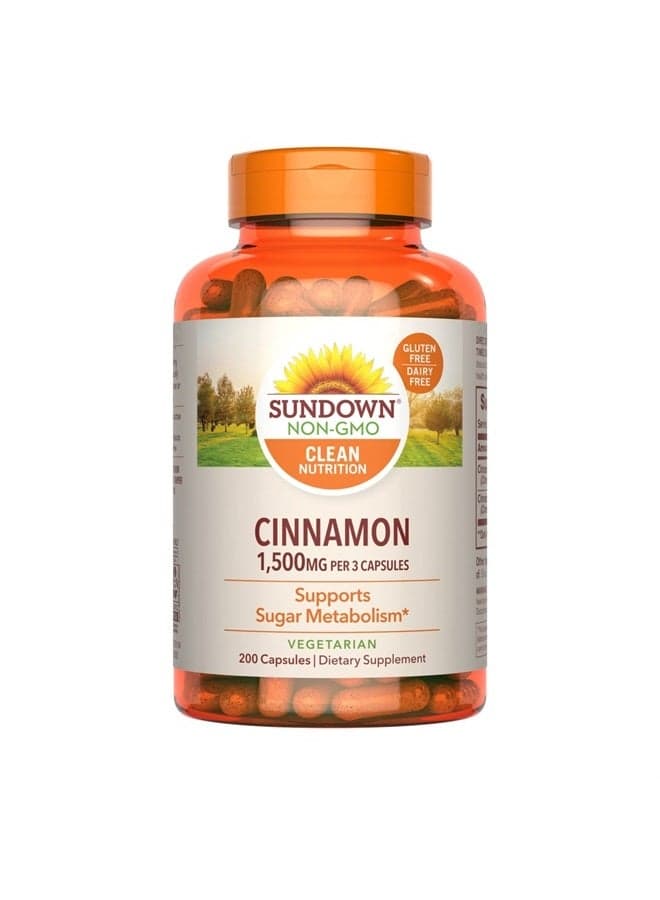 Cinnamon Capsules, Support Sugar Metabolism, Non-GMO, Free of Gluten, Dairy, Artificial Flavors, 1000 mg, 200 Capsules