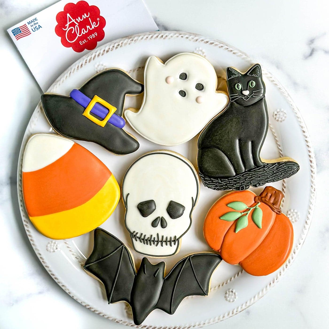 Ann Clark Cookie Cutters Halloween Cookie Cutters 7Pc Set Made in USA Pumpkin Ghost Bat Candy Corn Skull Black Cat Witch Hat