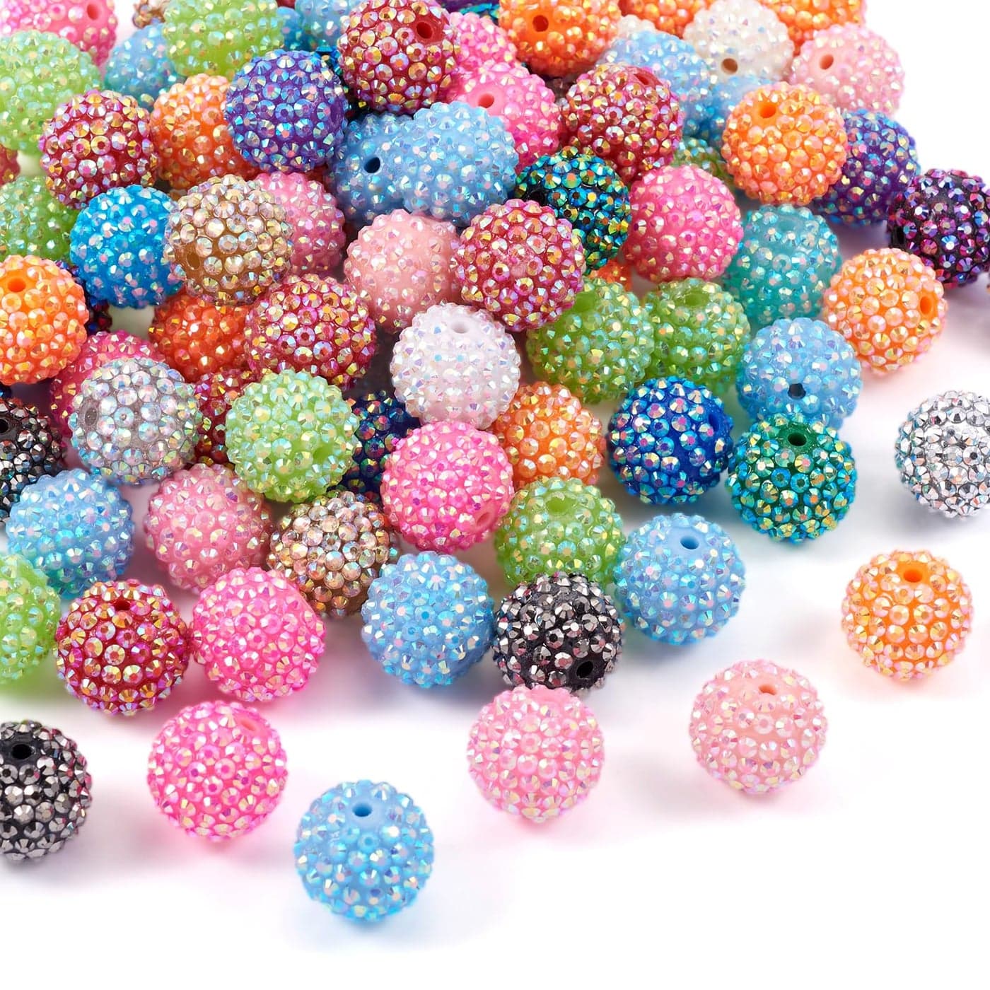 Cheriswelry 100pcs 20mm Round Resin Rhinestone Chunky Bubblegum Ball Beads Crystal Pave Disco Ball Beads Loose Spacer Charms Mixed Color for Jewelry Making Bracelets Necklace