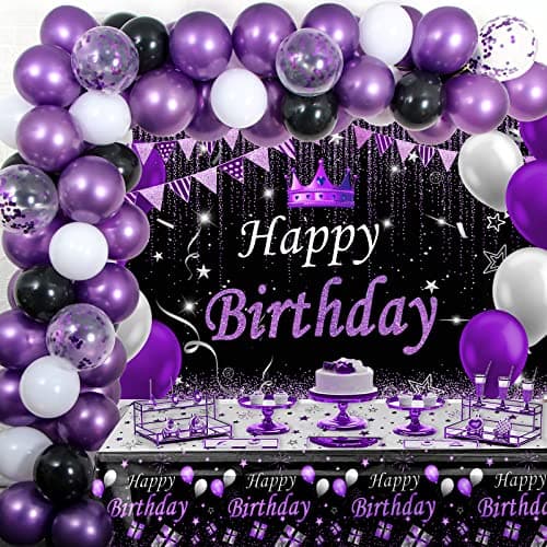 Purple and Black Party Decorations for Women Purple Birthday Decorations for Girls Men with Purple Black Happy Birthday Backdrop Tablecloth Confetti Balloons Arch Purple Party Supplies