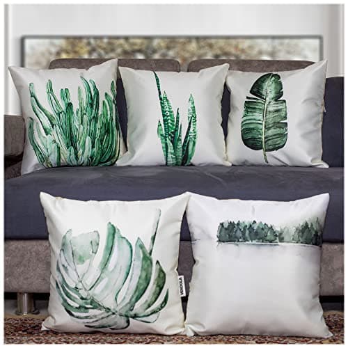 Vendola Decorative Satin Sofa Cushion Covers Set of 5, 16 inch x 16 inch, Sofa Pillow Cover, White and Green, Floral Design, Zipper Closure (Evergreen, 16X16 Inches)