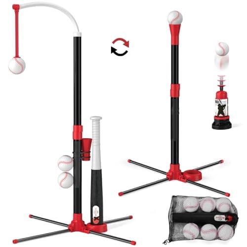 Wee Wonders 3-in-1 T Ball Set - Adjustable Height, Hanging Tee Ball Set with Automatic Pitching Machine/6 Balls/Retractable Bat, TBall Stand Suit for Outdoor, Sport Toys Gifts for Kids Boys Age 3+