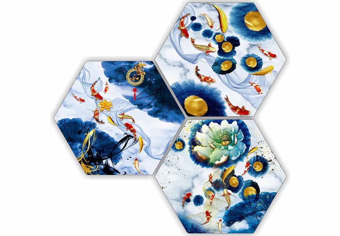 SAF paintings Beautiful Abstract 3 Piece of Hexagon UV Textured Multi-Effect Self adheshive Painting 17 Inch X 17 Inch SANFHX176