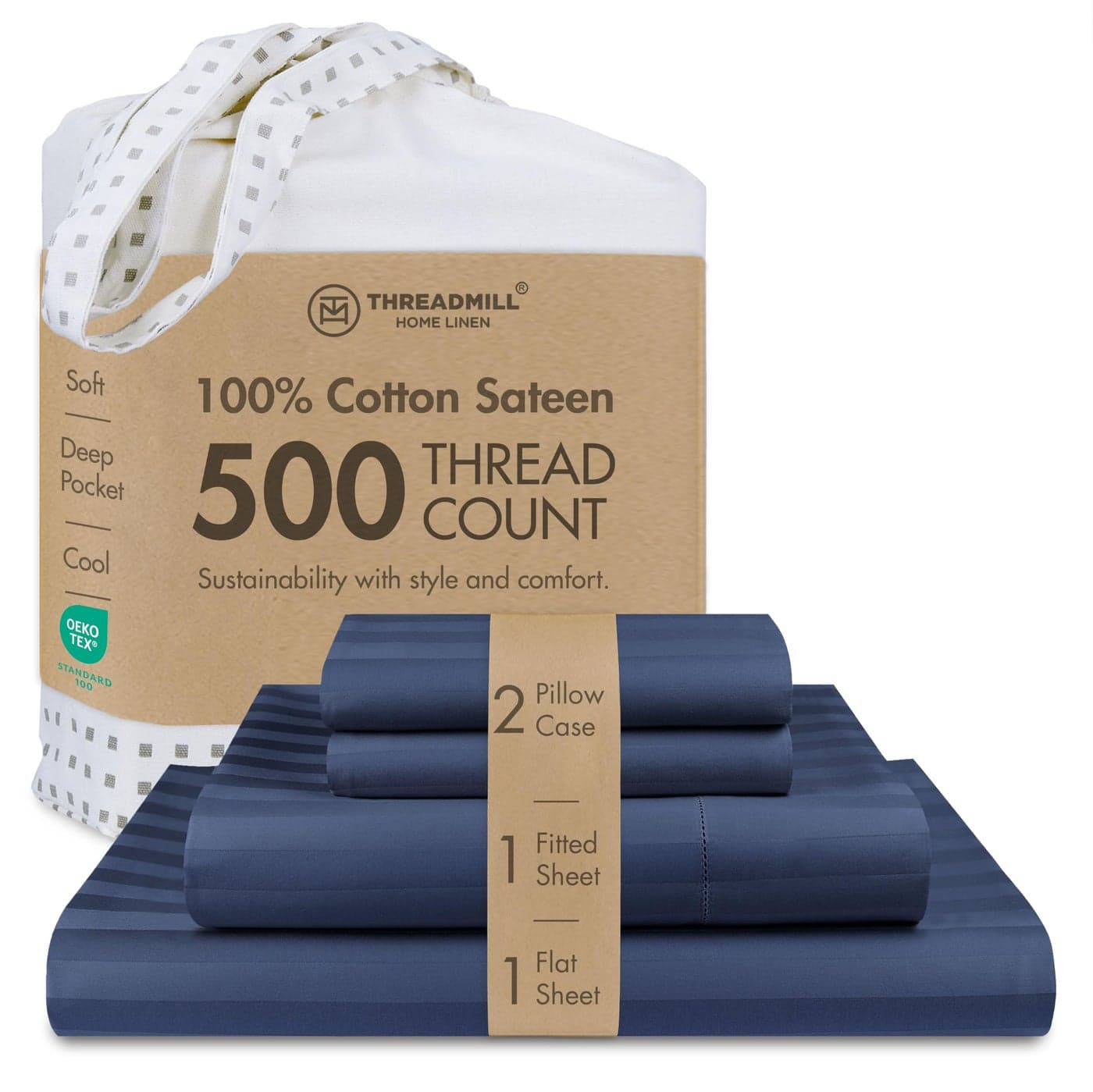Threadmill 500 Thread Count King Size Damask Stripe 4 Pc Luxury Cotton Bed Sheet Set Breathable Folkstone Blue Sheets with 16 Elasticized Deep Pocket 2 Pillowcases Free Tote Bag