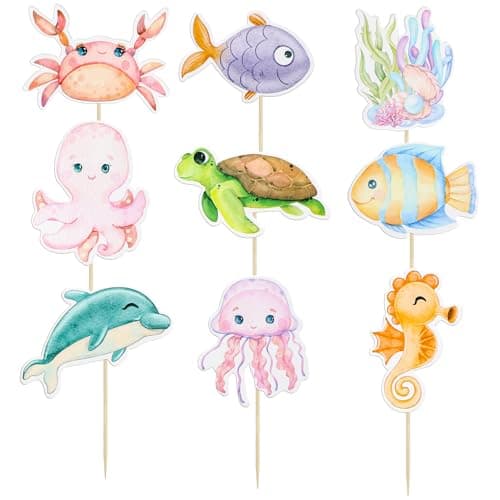 Ephlyn 36Pcs Ocean Animal Cupcake Toppers Under the Sea Turtles Octopus Cupcake Picks Seahorse Coral Cake Decorations for Under the Sea Theme Baby Shower Birthday Party Supplies