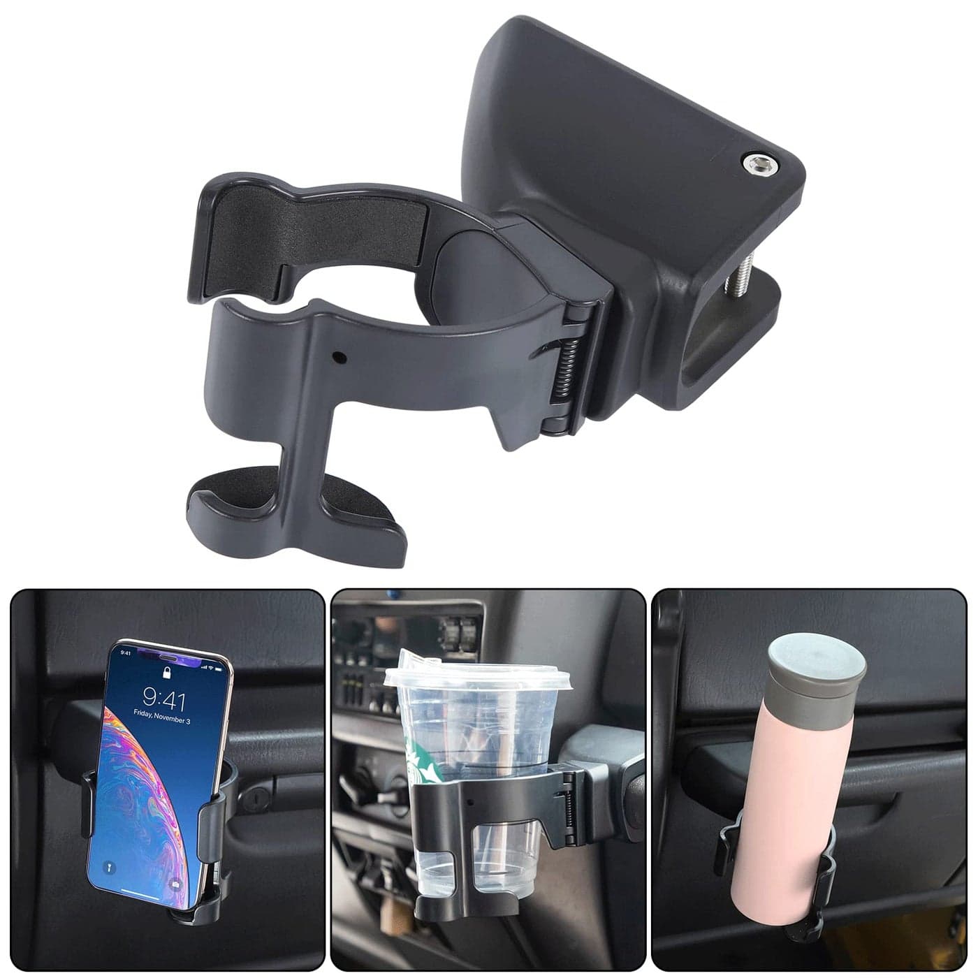 Savadicar TJ Grab Bar MultiFunction Phone Mount 2 in 1 Bolton Cup Holder Stand DrinkPhone Holder Compatible with 19962006 Jeep Wrangler TJ 2 Door 4 Door Interior Accessories Black