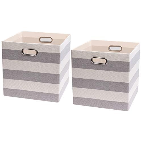 Posprica Storage Cubes,13×13 Collapsible Storage Baskets Bins Fabric Drawers - 2pcs, Grey-white Striped