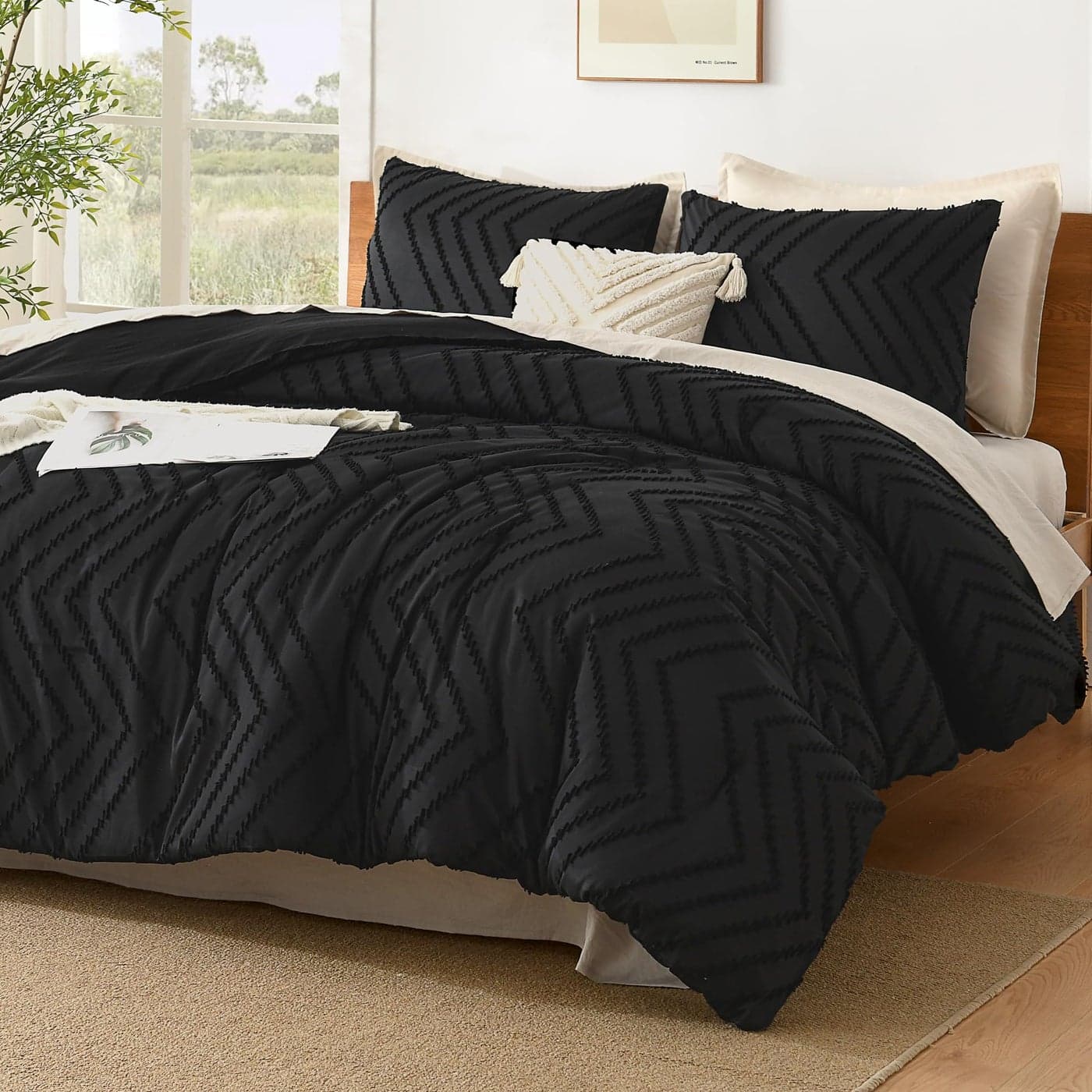 Litanika Black California King Comforter Set 3 Pieces Cal King Oversized Chevron Tufted Solid Bedding Comforter Sets Fluffy Bed Set 104x96In Comforter 2 Pillowcases